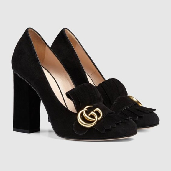 Gucci Shoes - GUCCI Marmont GG Black Suede Fringe Loafer Heel 34